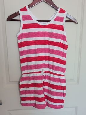 Primary Pink and White Striped Sleeveless Romper